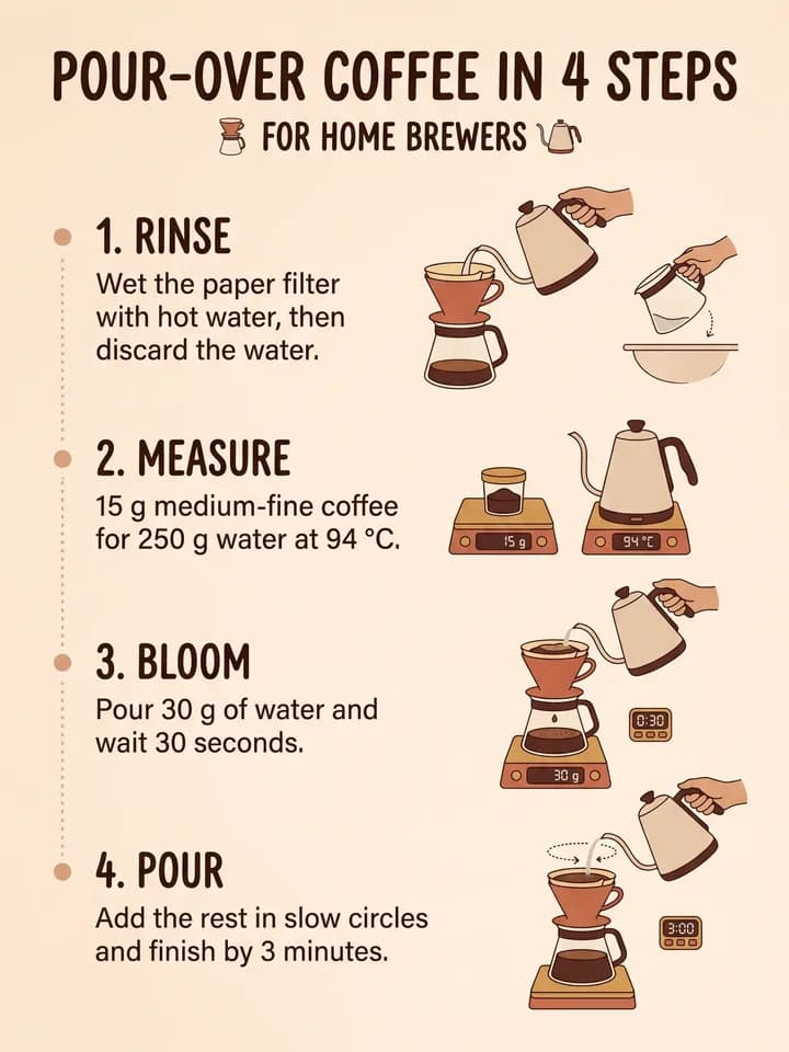 Nano Banana 2.1 infographic: pour-over coffee in four illustrated steps