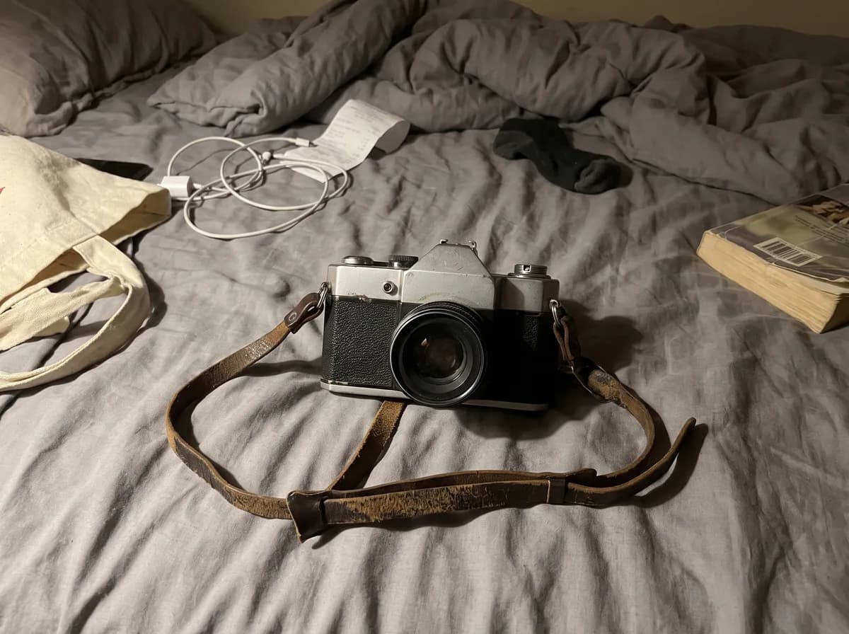 A vintage film camera on an unmade bed next to a charger cable, a receipt, a sock and a tote bag