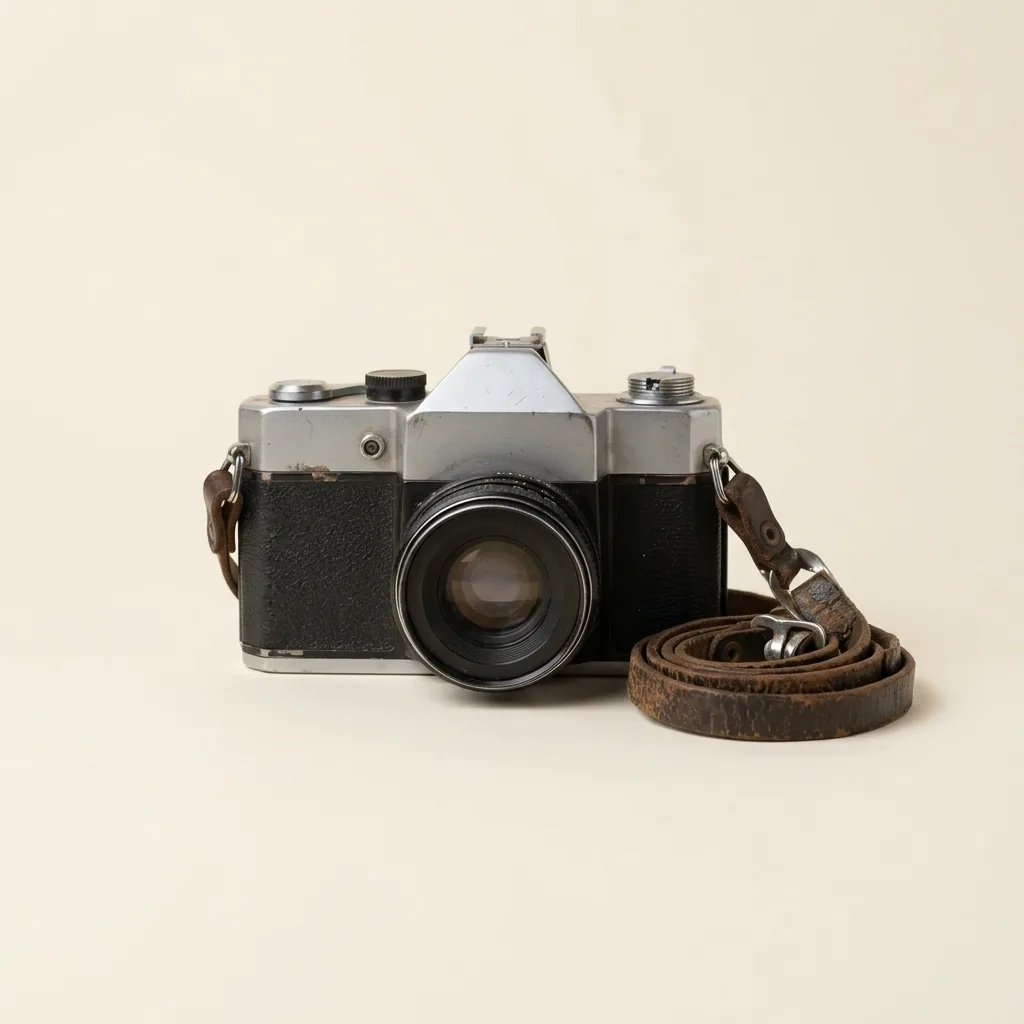 The vintage camera on a plain off-white background with its strap coiled beside it