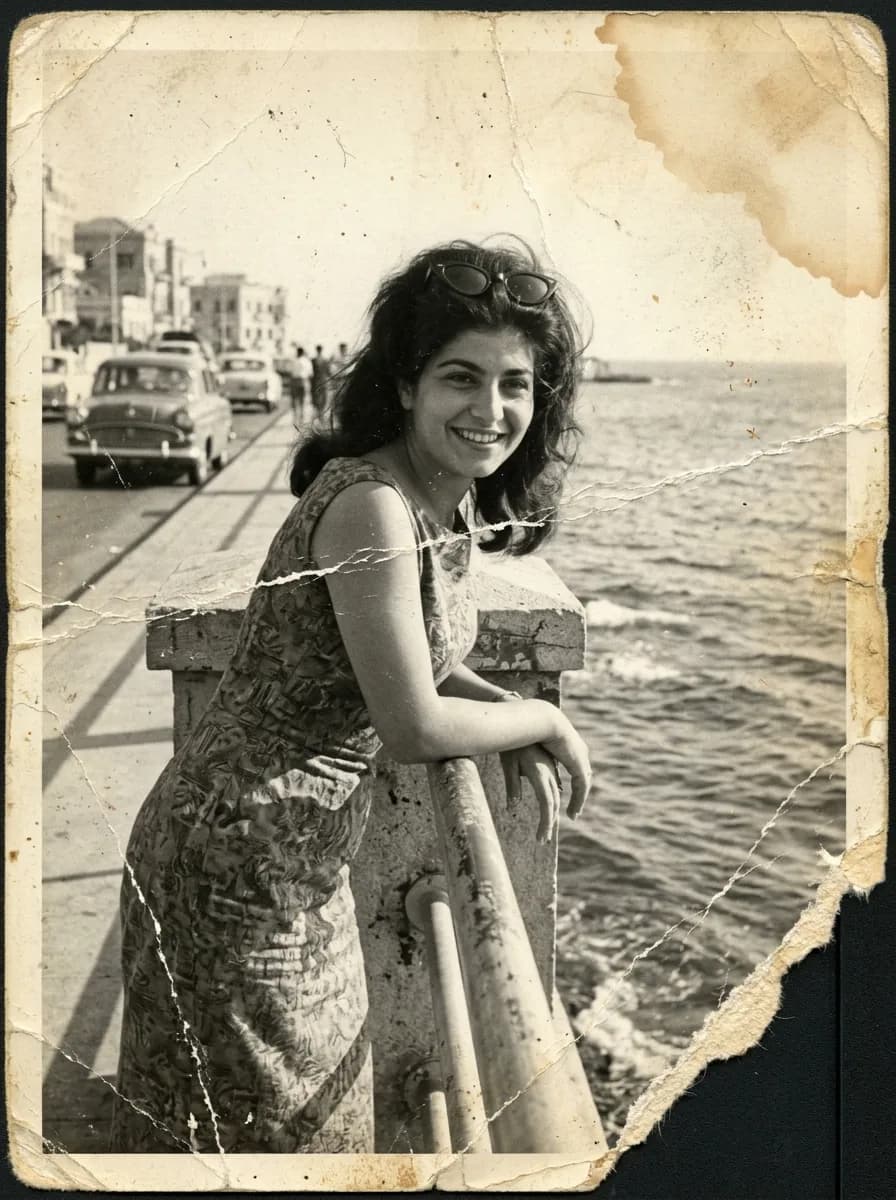 A creased, torn and water-stained black-and-white print of a young woman on a seaside promenade in the 1960s