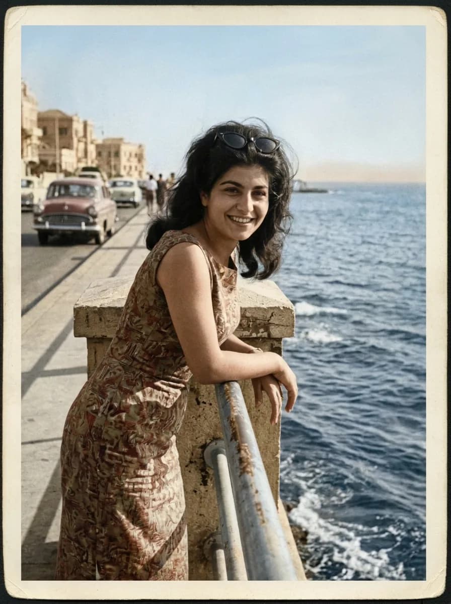 The same photo restored and in natural colour, with a blue sea and sky