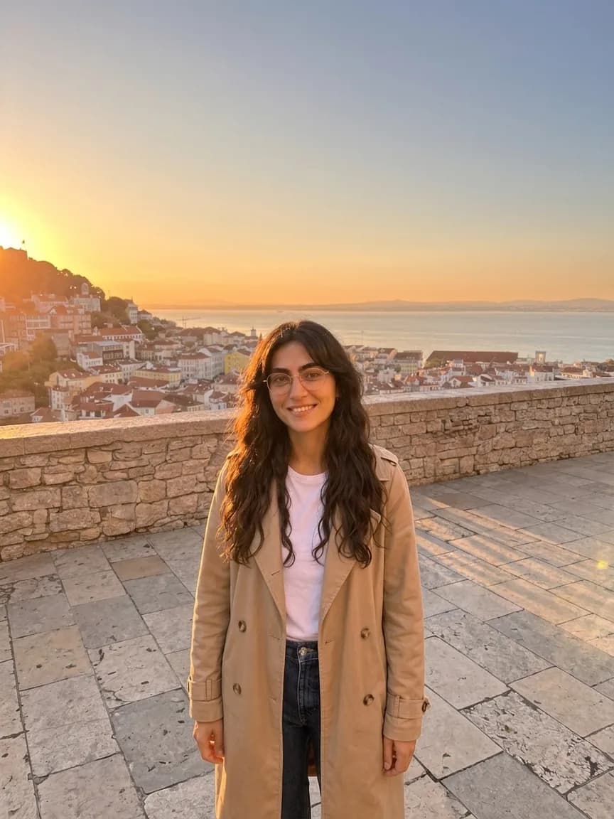 The same empty viewpoint at golden hour, warm sunlight on Noor and the rooftops