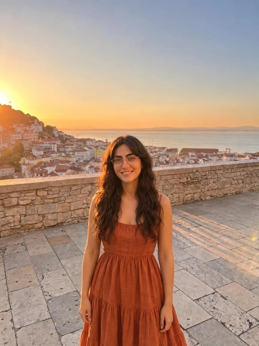 Noor in the same pose and light, now in a rust-orange linen midi dress