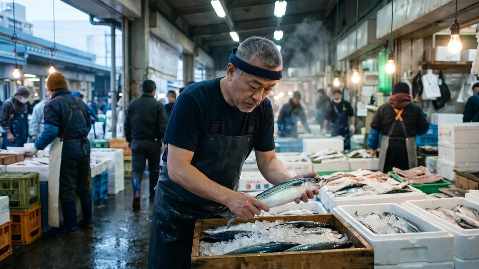 A chef chooses fish at a busy morning fish market