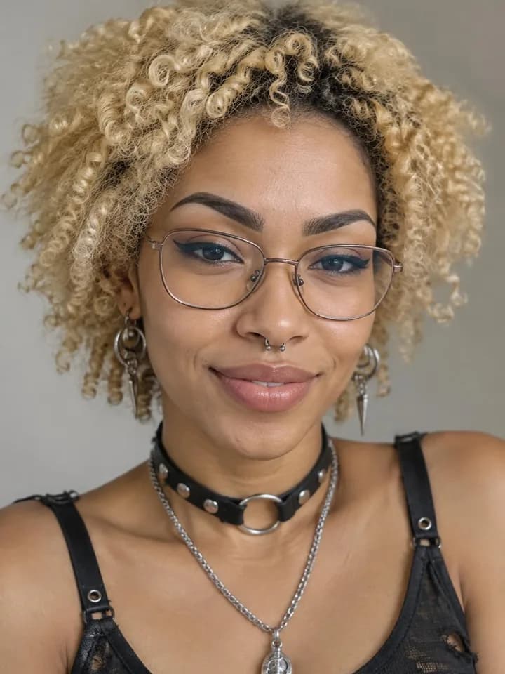 AI influencer Mia, a fictional person with blonde curls and round glasses
