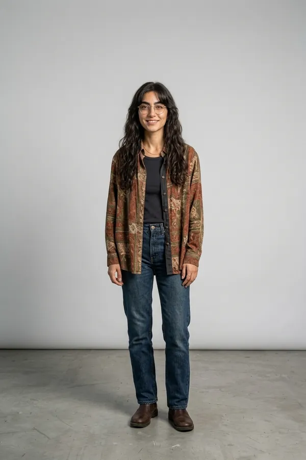Noor full length in a plain studio