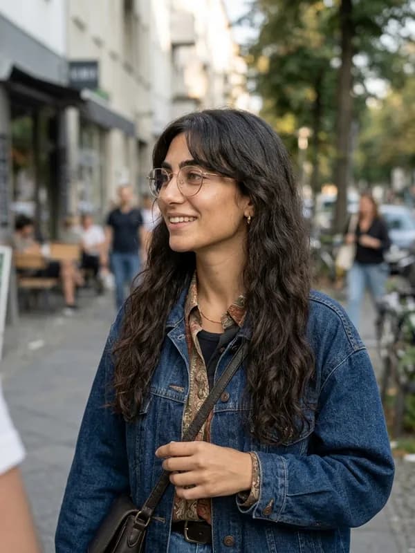 Noor in three-quarter view on a city street