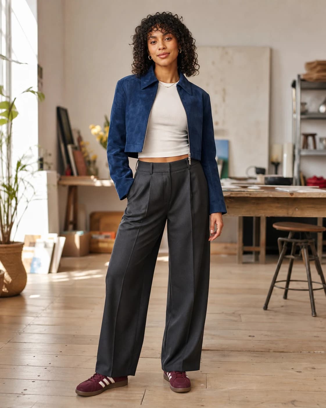 A stylish fictional woman photographed in a bright creative studio