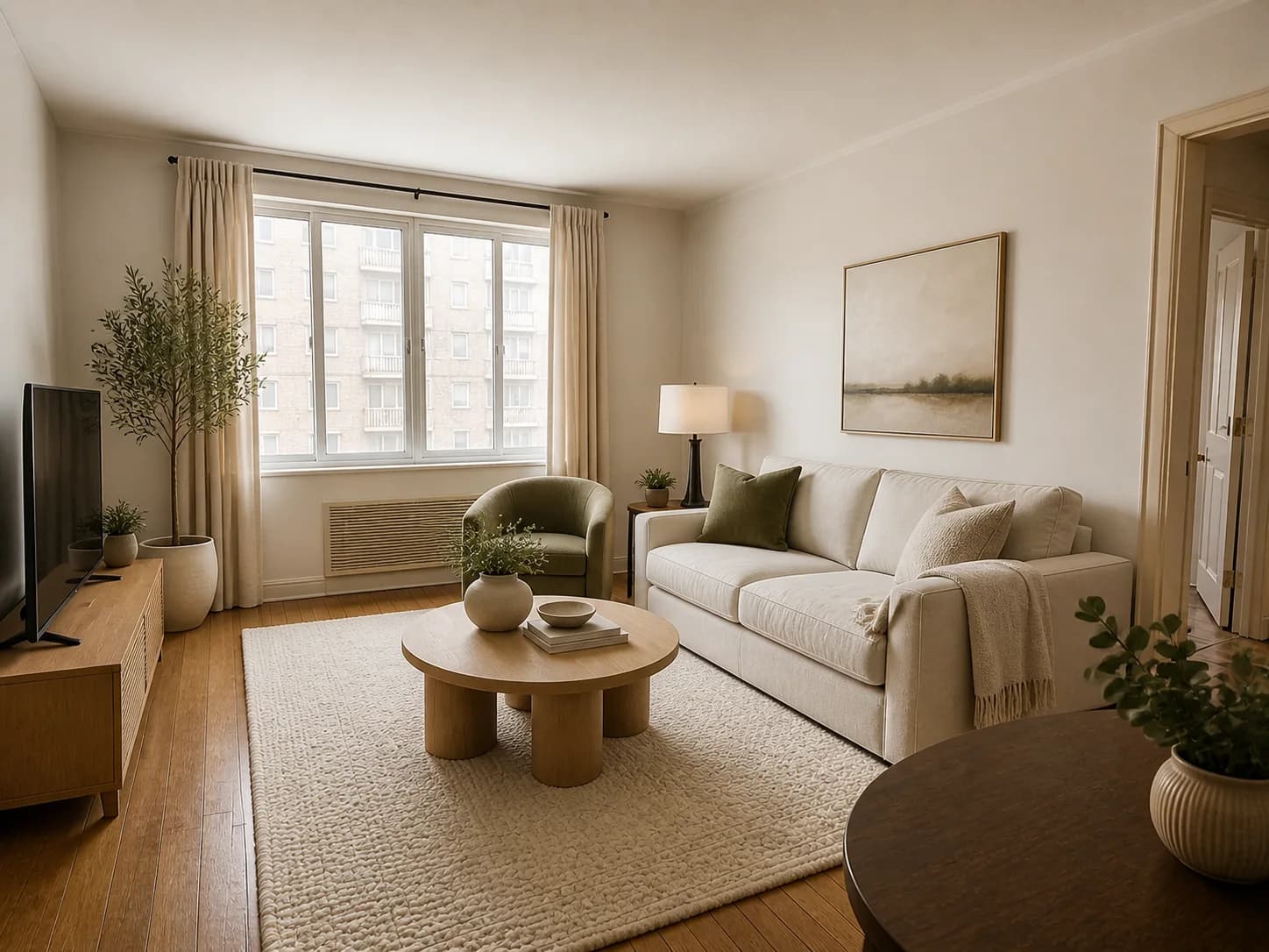 The same apartment living room with a warm modern interior restyle