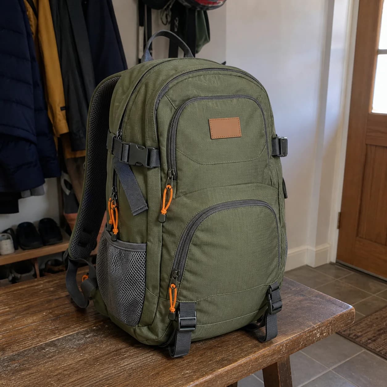 Casual phone photo of an olive hiking backpack in an entryway