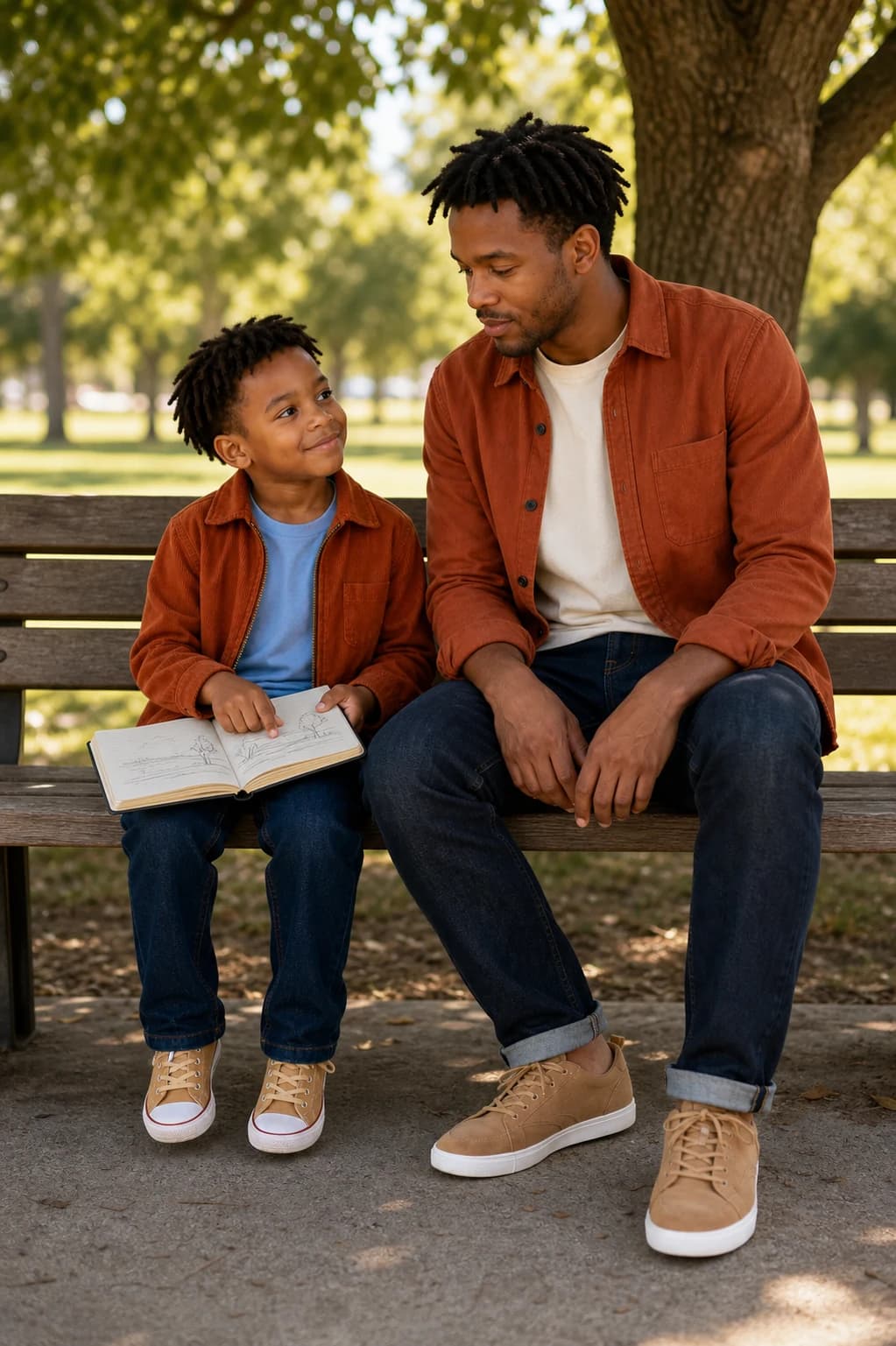 The fictional adult sitting with his seven-year-old self on a park bench