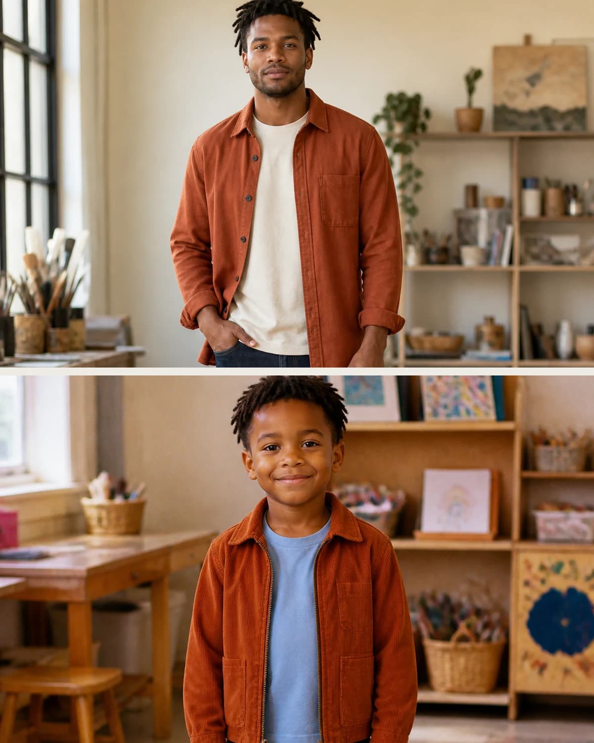 Current adult and childhood reference photographs of the same fictional person