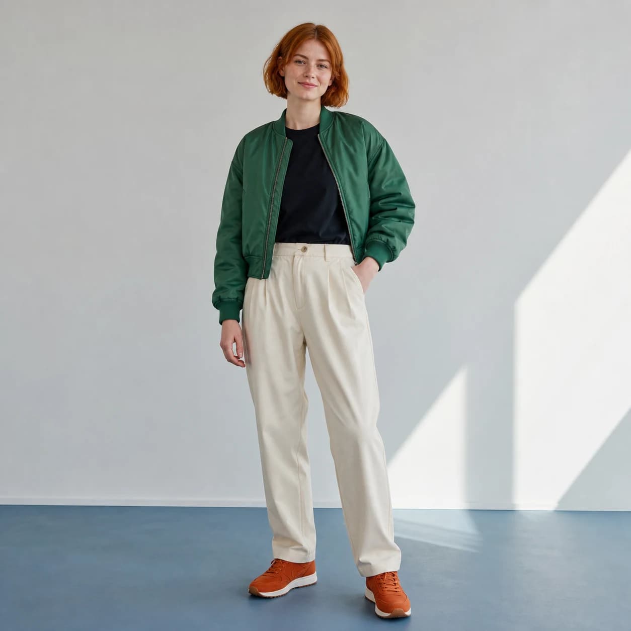 A stylish fictional young woman photographed in a clean contemporary studio