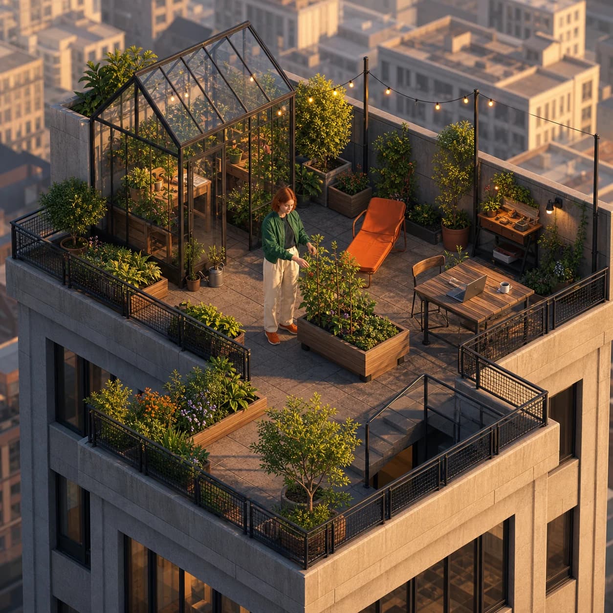 The same fictional young woman living inside a compact isometric rooftop world