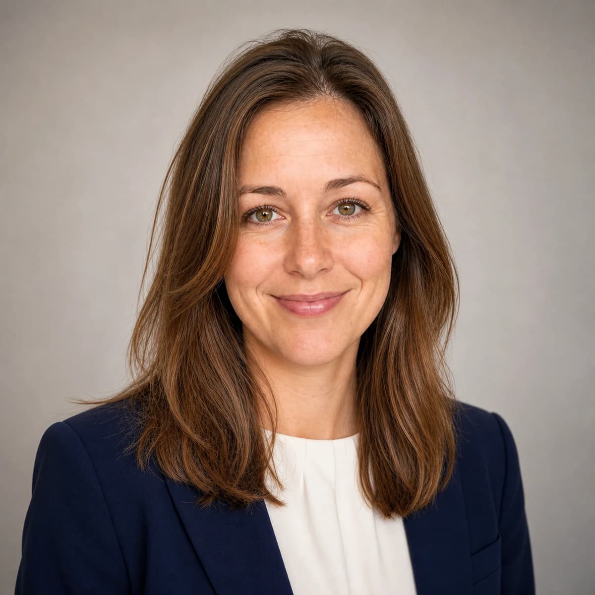 The same fictional woman presented as a polished corporate professional headshot