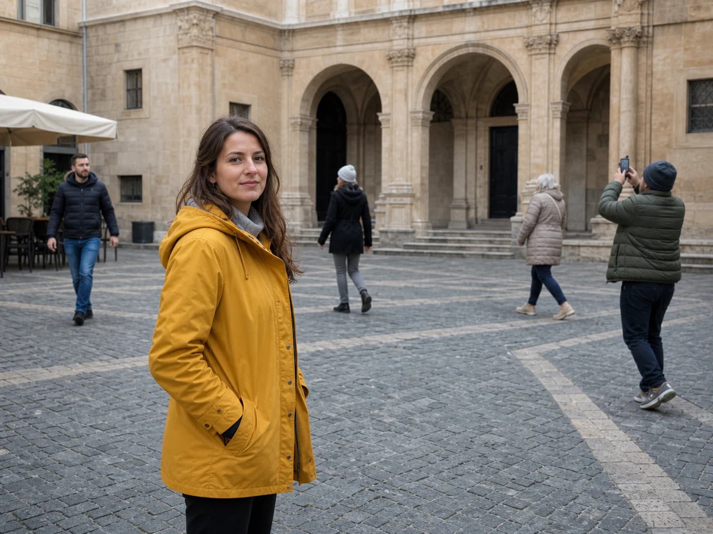 A fictional traveler in a stone plaza with several pedestrians behind her