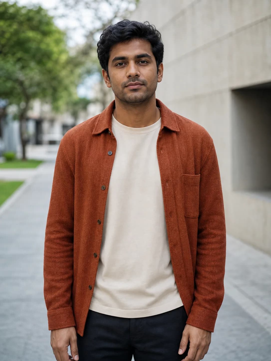 A fictional man standing front-facing on a contemporary city walkway
