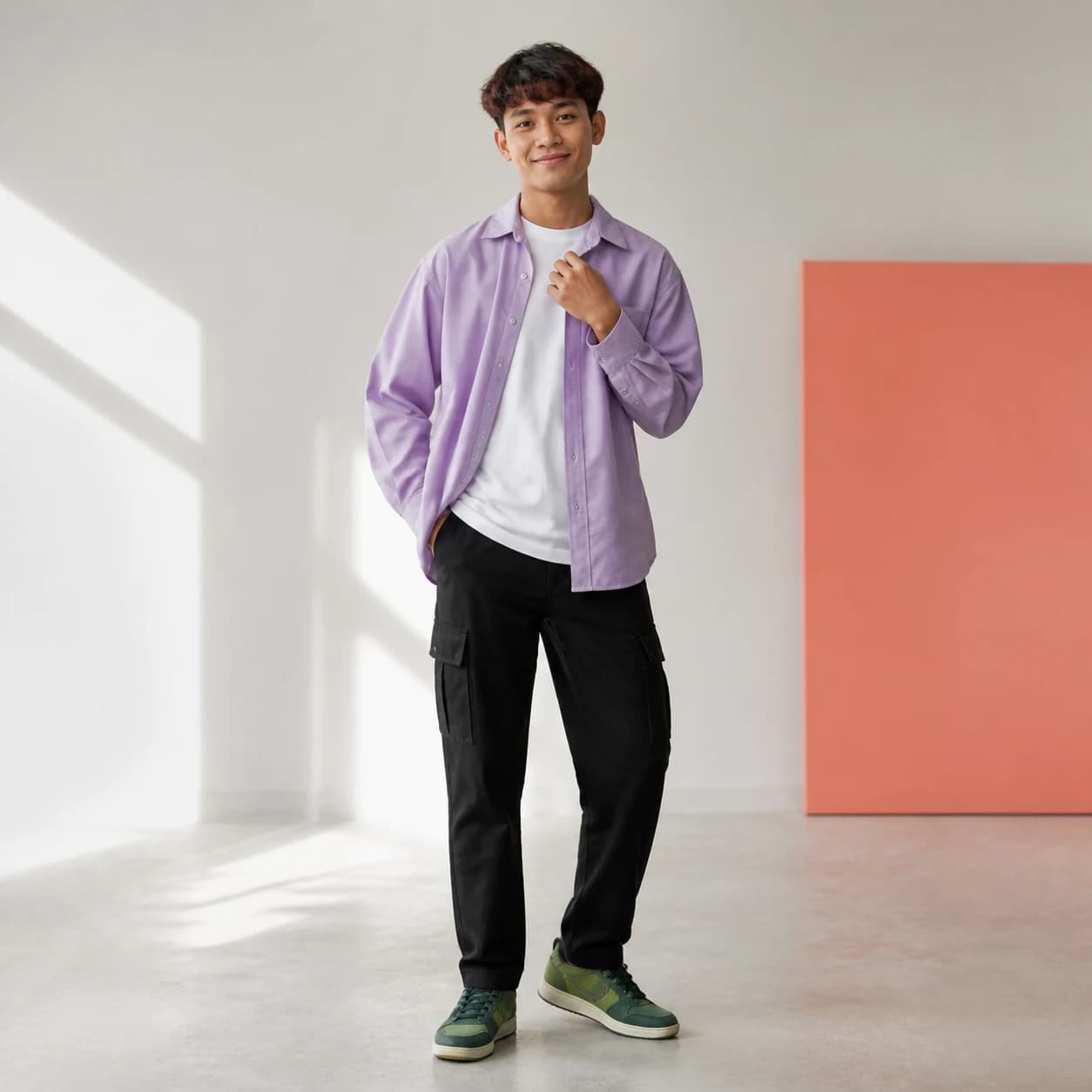 A stylish fictional young man in a bright creative studio