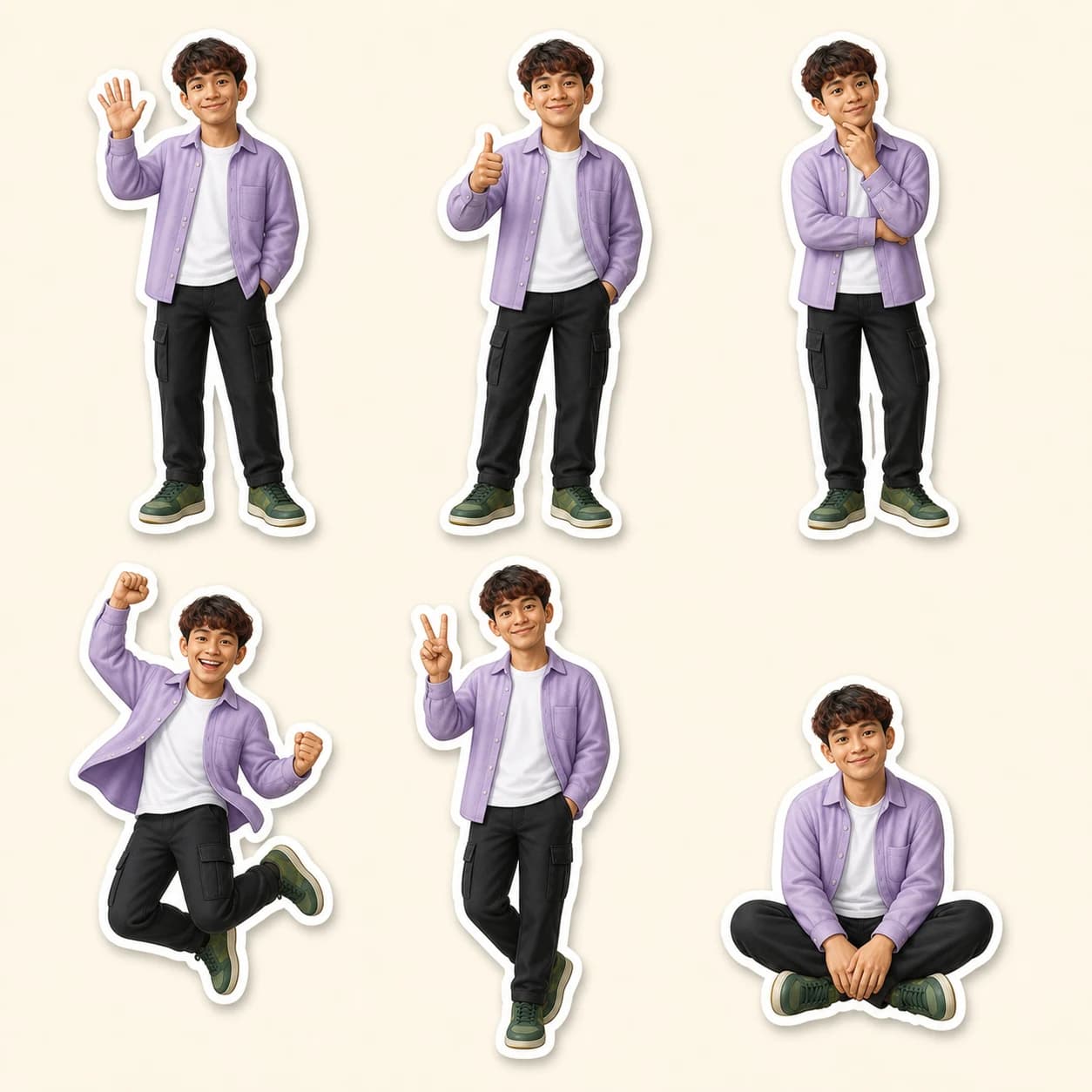 The same fictional young man presented as six consistent die-cut character stickers