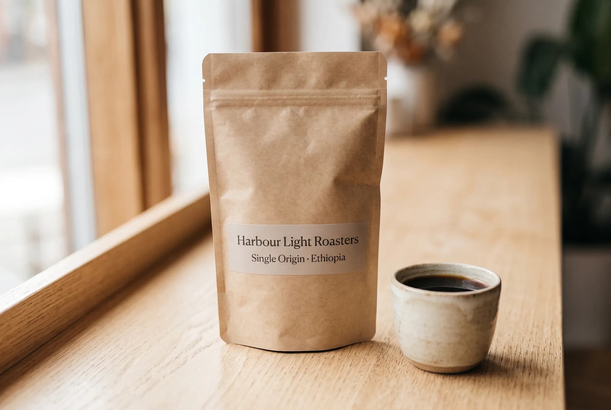 Nano Banana 2.1 product photo of a kraft-paper coffee bag whose label reads Harbour Light Roasters and Single Origin · Ethiopia, beside a small cup of black coffee