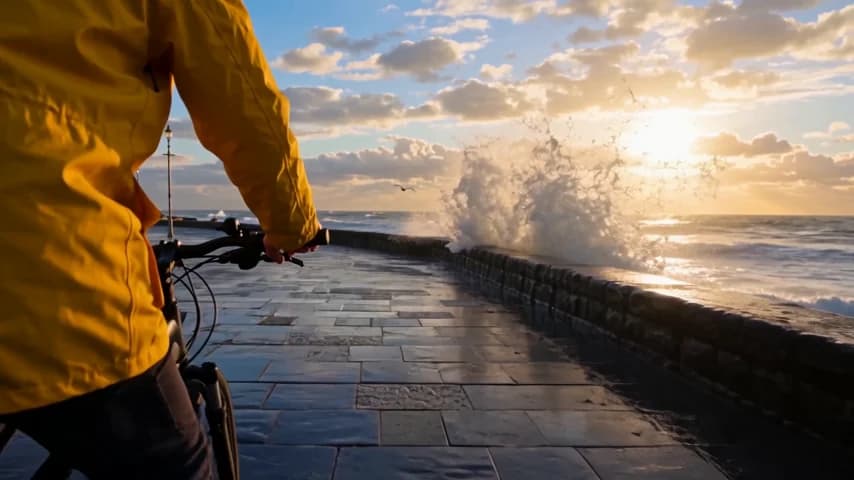 Wan 3.0 video frame of a cyclist in a yellow raincoat on a wet seaside promenade at golden hour, as a wave breaks over the sea wall