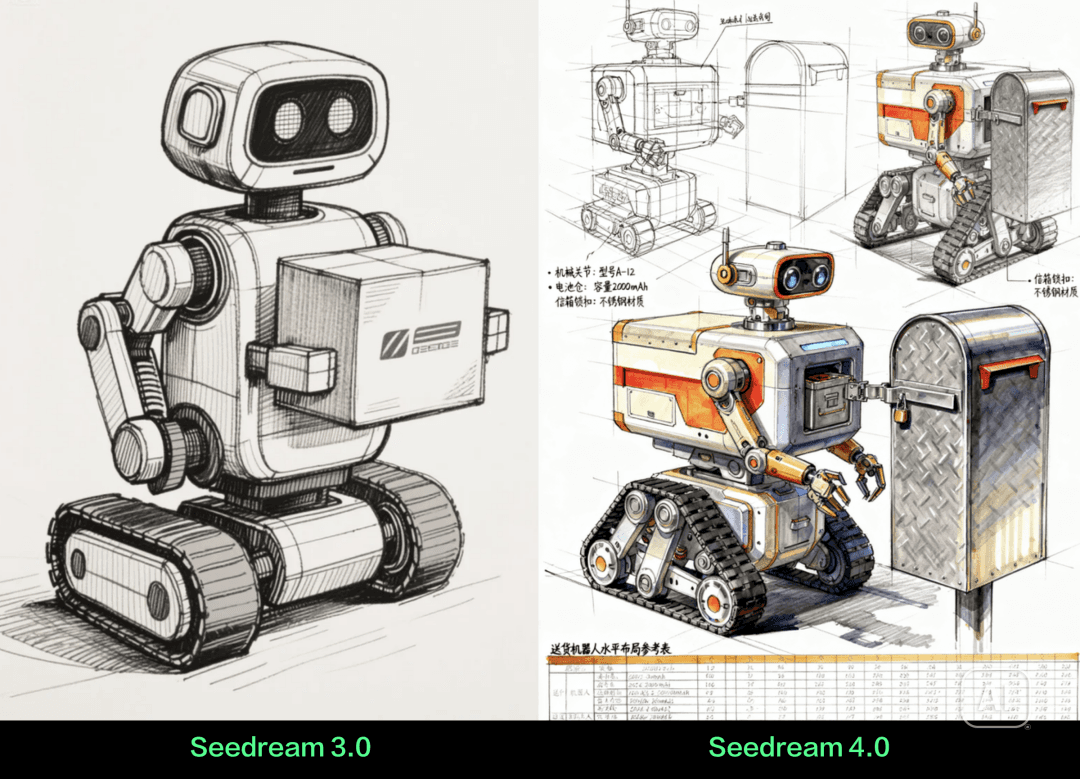 Official ByteDance Seedream example comparing a robot sketch with a detailed generated robot design