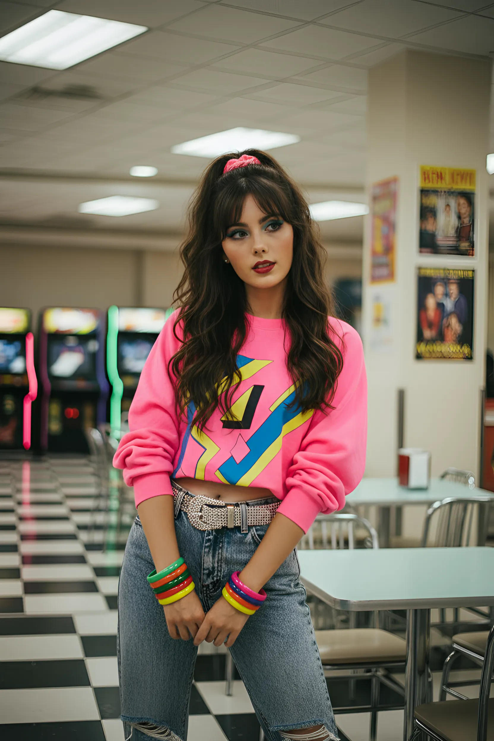 A fictional woman in a vivid 1980s arcade-inspired portrait