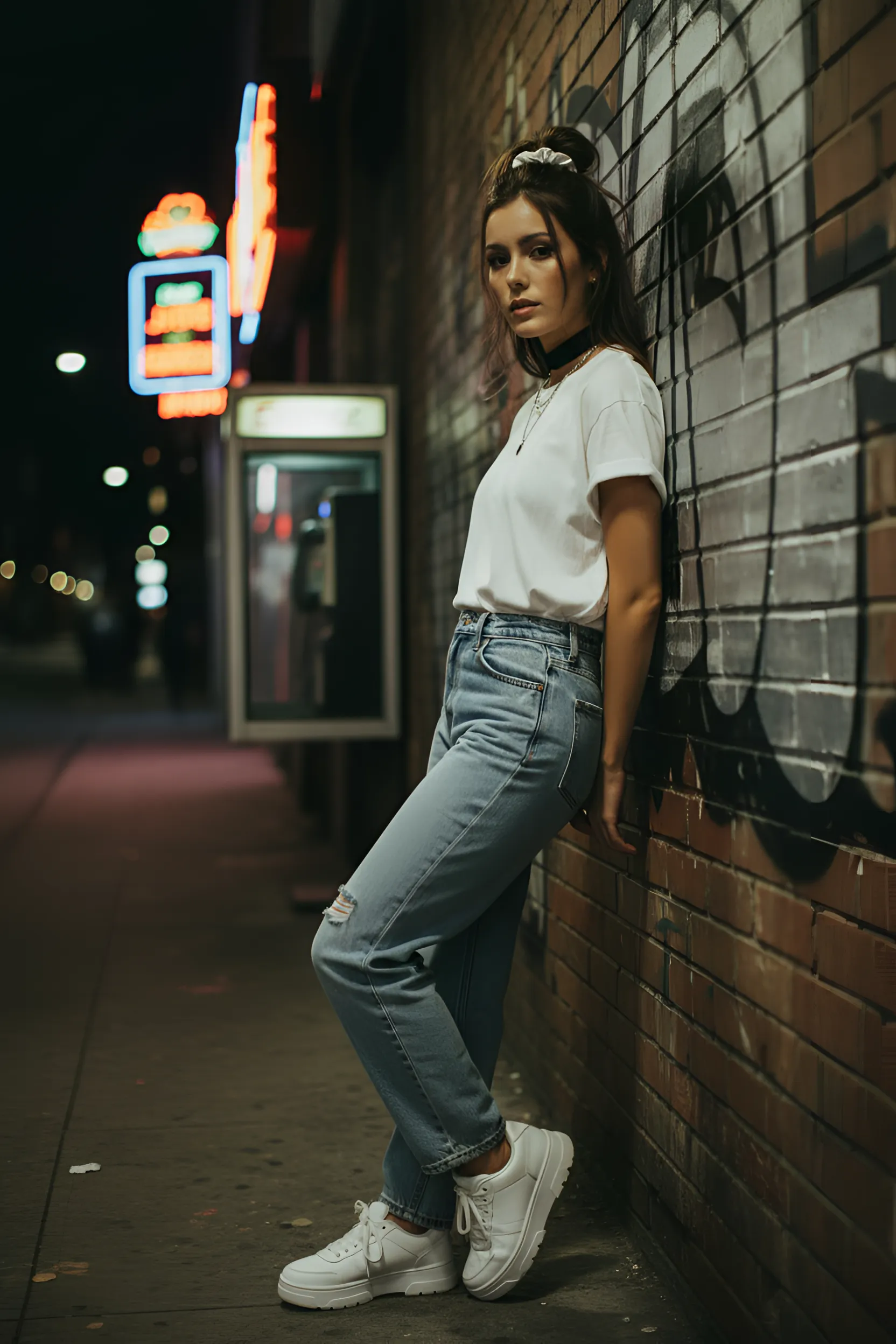 A fictional woman in a 1990s street portrait beside a tiled wall and neon storefront