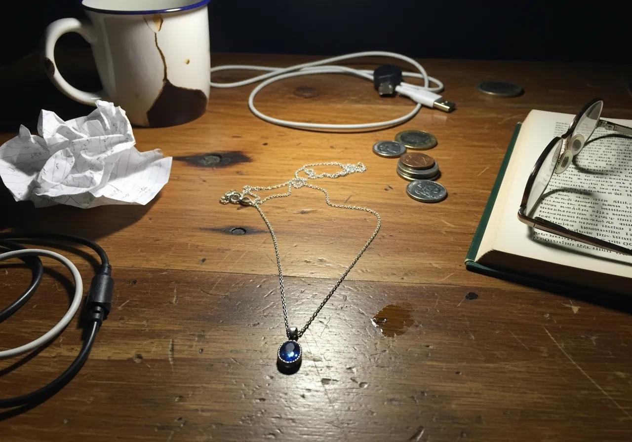 A blue pendant necklace photographed on a cluttered wooden desk