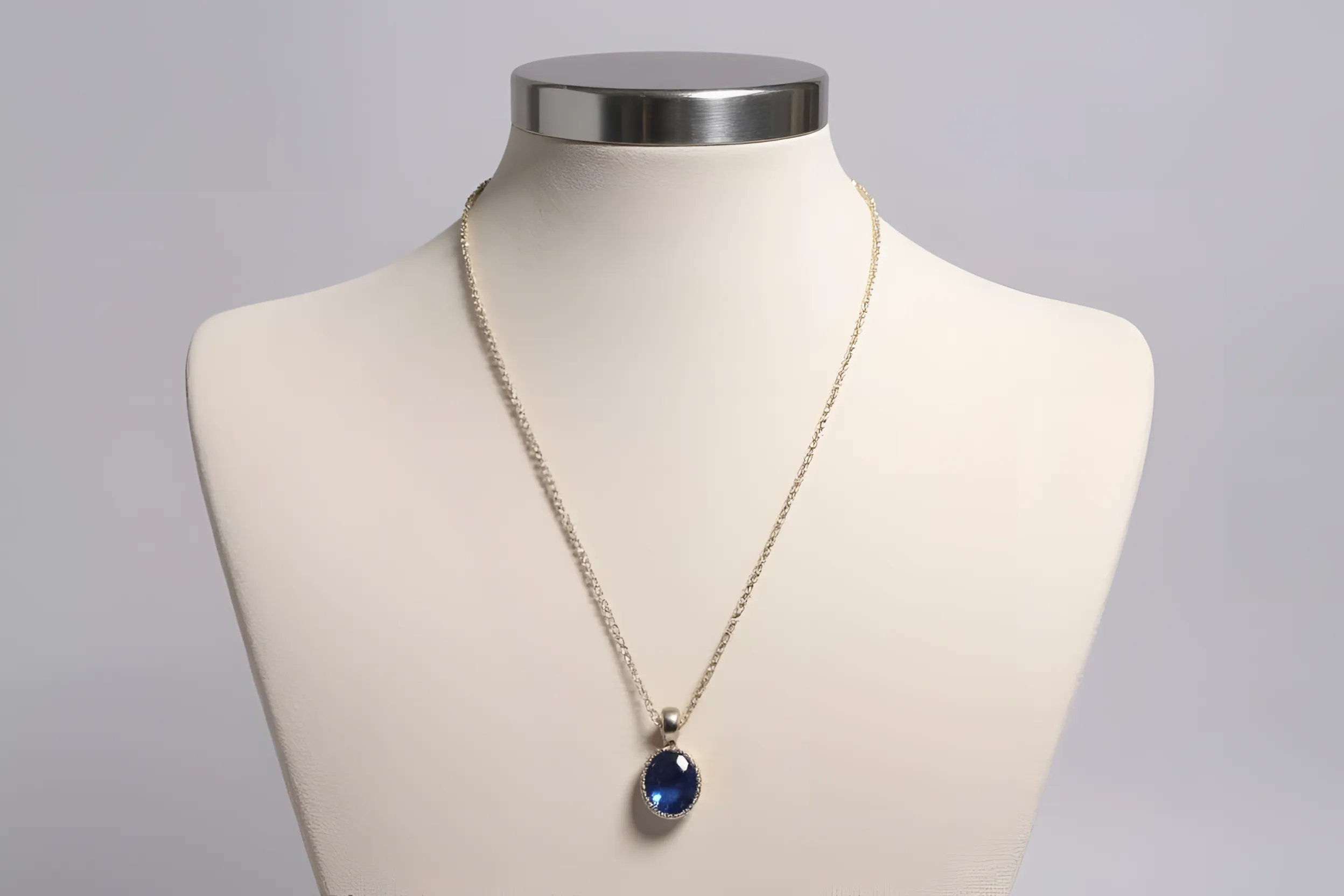 The same blue pendant necklace presented on a neutral jewelry display