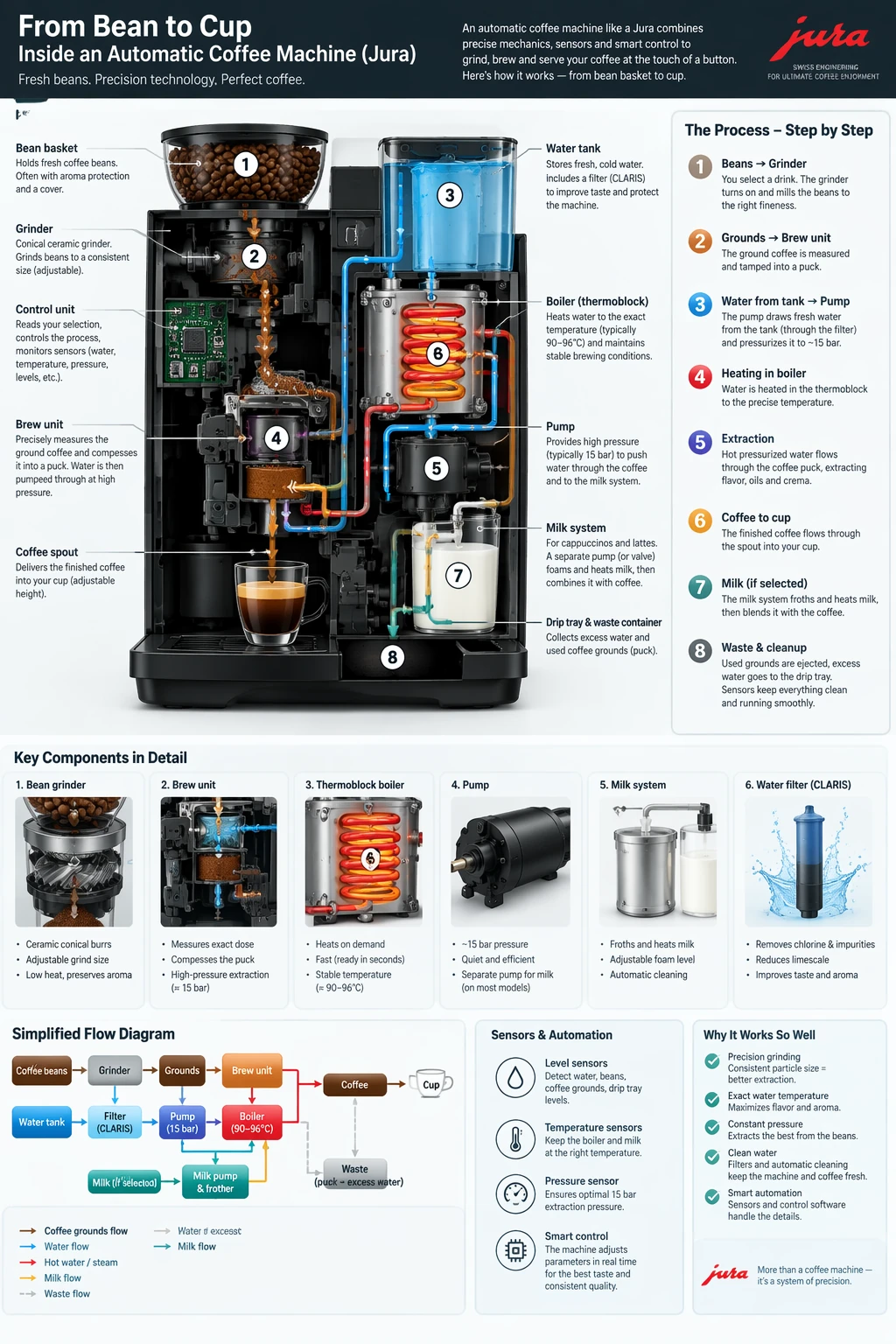 Official GPT Image 2.5 Flare infographic explaining the components and flow of an automatic coffee machine