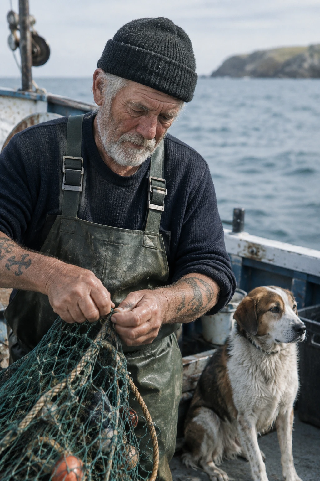 Official GPT Image 2.5 Flare example of an elderly sailor repairing a fishing net beside a dog