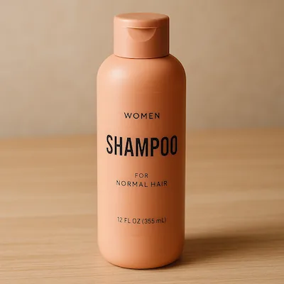 Official OpenAI source photograph of a peach shampoo bottle on a wooden surface