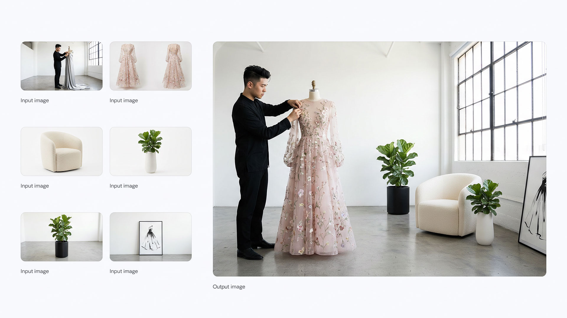 Official Google Nano Banana Pro example showing several reference assets combined into a fashion editorial image
