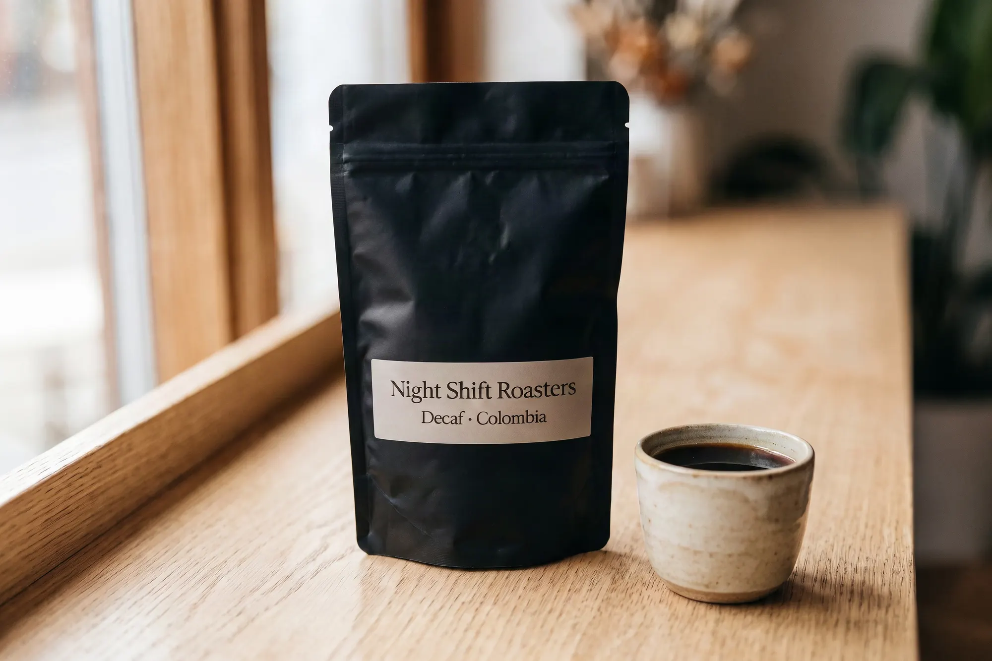 Krea 3 edit at 2K: the black Night Shift Roasters bag beside the cup, sharp enough to see the grain of the sill and the creases in the bag