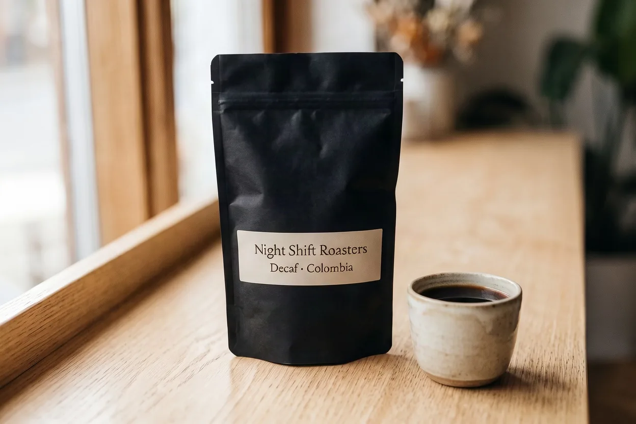 Krea 3 edit: the same scene with the bag now matte black and the label reading Night Shift Roasters, Decaf · Colombia