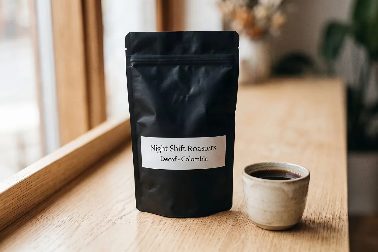 The same coffee label edit made on Quick, in 18 seconds, with an equally exact label