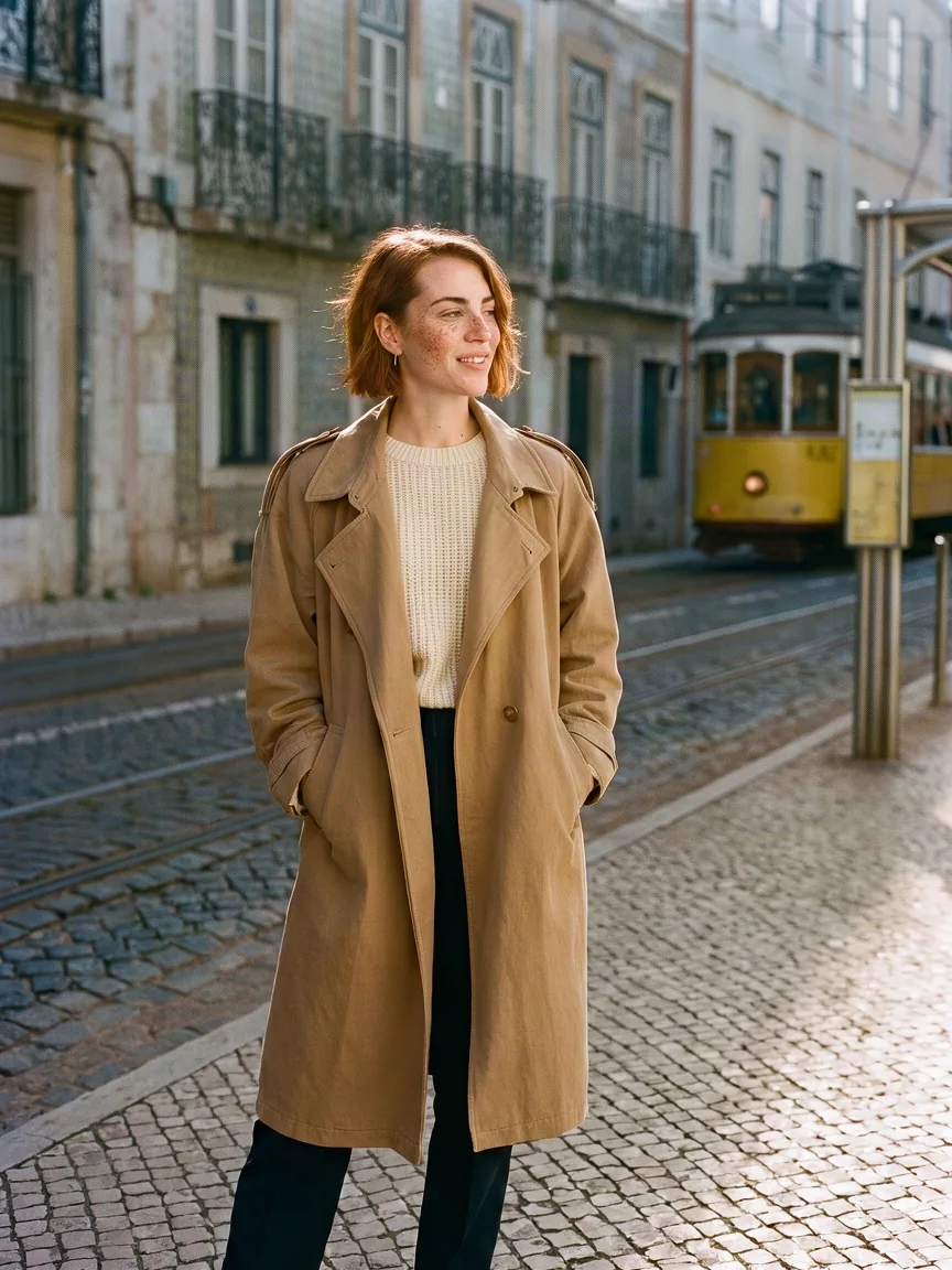 Krea 3 portrait of a woman with short copper hair and freckles in a camel trench coat at a Lisbon tram stop, a yellow tram behind her