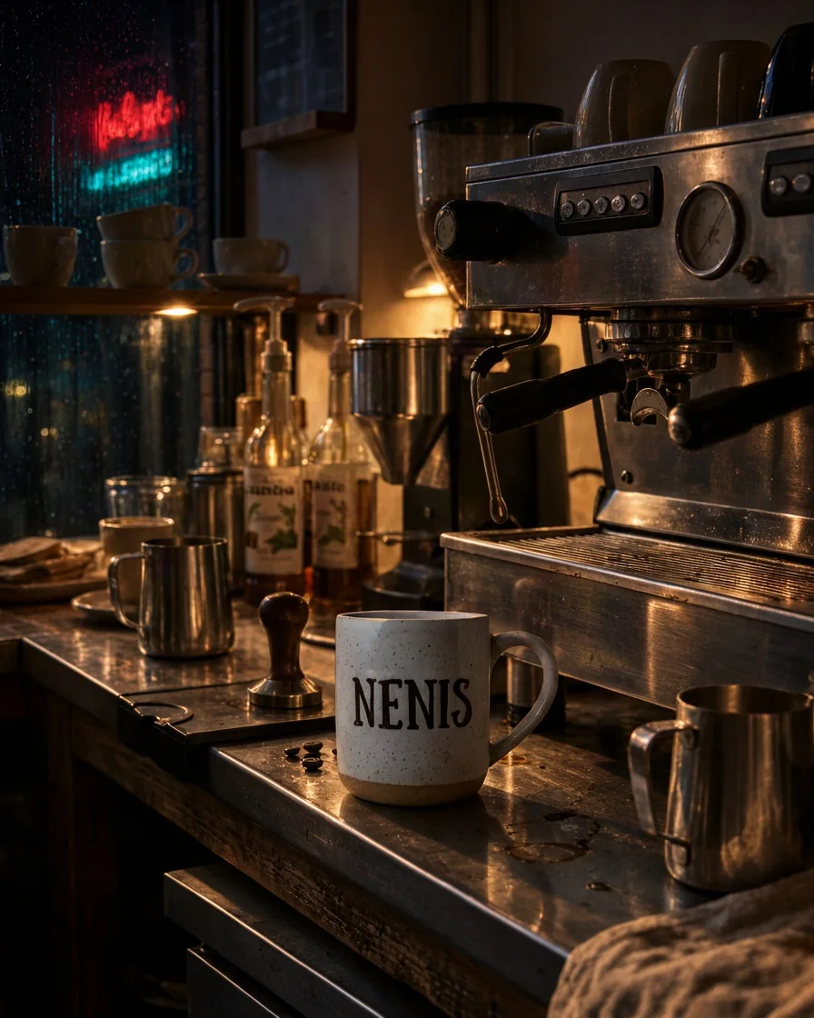 Krea 3 edit: the same counter and mug at night, rain on a dark window reflecting a red and teal neon sign, lit by a warm lamp