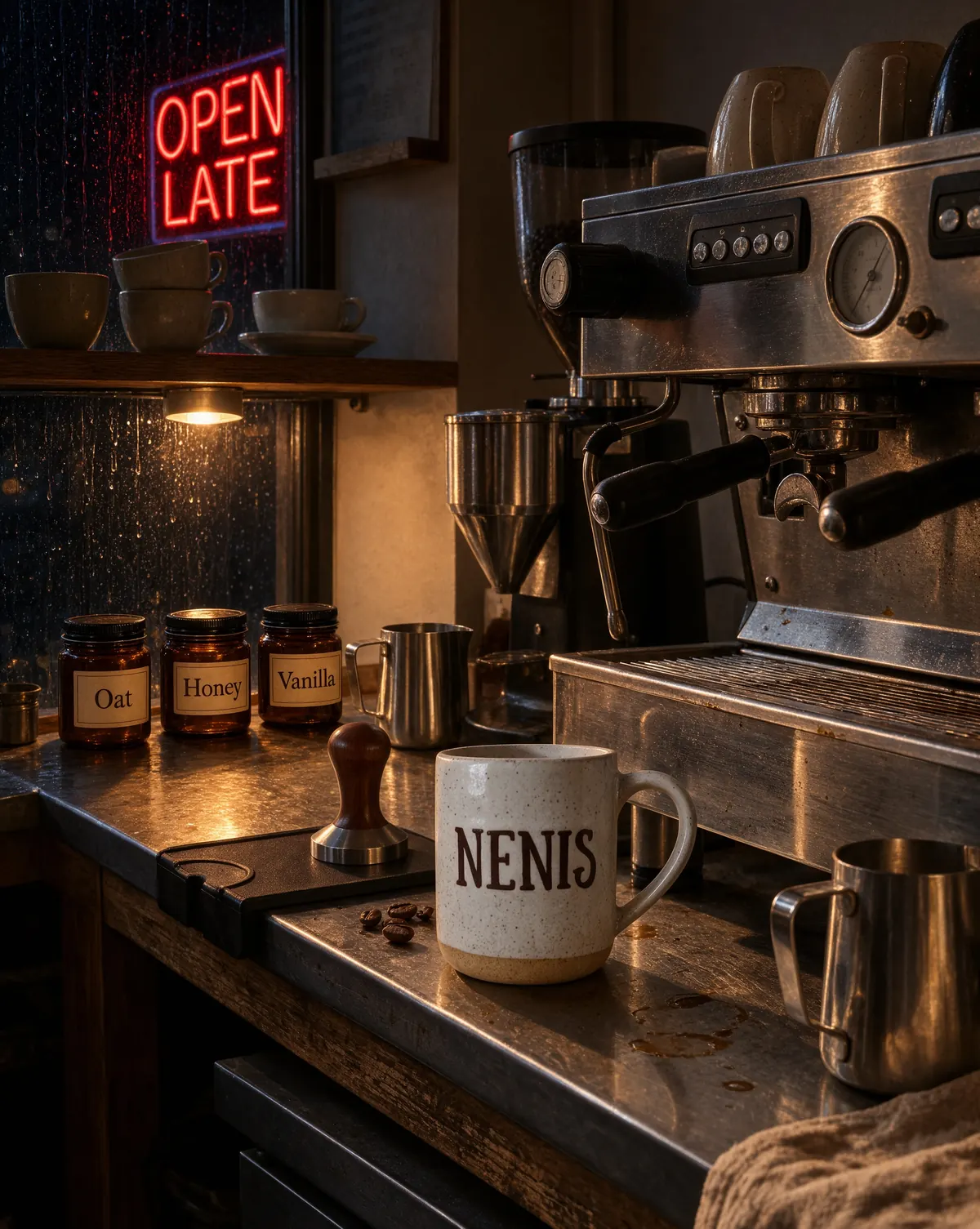 Krea 3 Ultra edit: the same counter at night with a red OPEN LATE neon sign in the rainy window, three amber jars labelled Oat, Honey and Vanilla, and the NENIS mug unchanged
