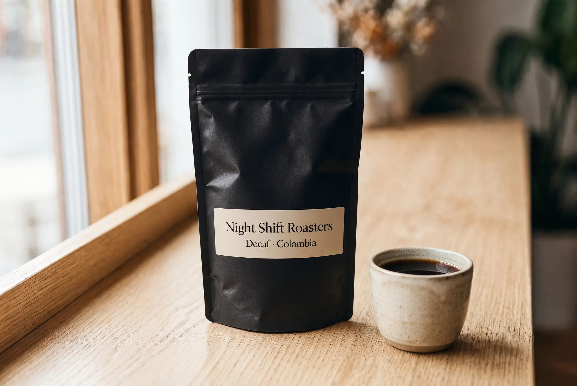 Krea 3 Ultra edit: the black Night Shift Roasters bag and the cup on the window sill, almost indistinguishable from the original photo apart from the requested changes