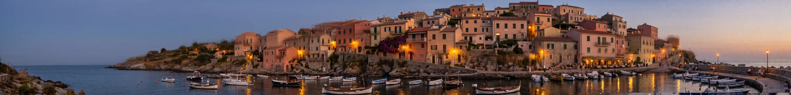 Nano Banana 2.1 ultra-wide eight-to-one banner of a pastel Mediterranean harbour town at dusk, with fishing boats in the water and warm lights coming on