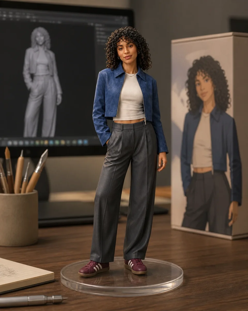 Last frame: a collectible figurine of the same woman on a clear round base, on a desk with fashion sketches and a monitor showing her 3D model