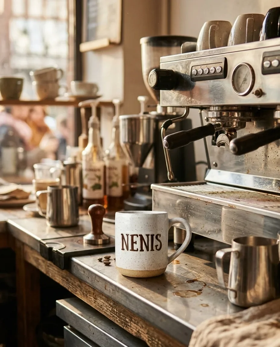 Image 1: a speckled white mug with the word NENIS on a café counter next to an espresso machine